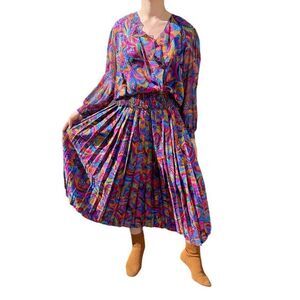 Vintage 80s Womens Retro Paisley Multicolor Floral Pleated Hippie Skirt Set M